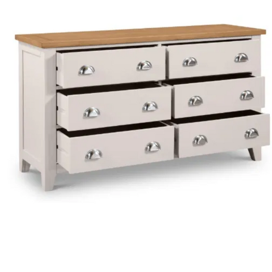 Stylish 6-drawer wide chest with spacious storage, finished in elegant grey with a solid oak top. A timeless design that blends durability and sophistication for any bedroom.