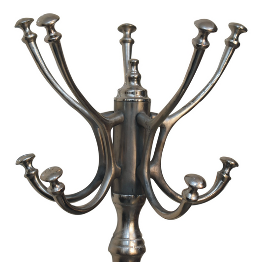 This classic silver coat stand adds a stylish welcome to any hallway or entrance. Made from steel and brass, it blends industrial design and has 6 hooks.  Perfect for coats and hats, but just as fabulous for robes and towels in your bedroom or bathroom.
