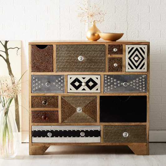 Multi-Material 14 Drawer Chest Hand Crafted Eco-Friendly Reclaimed Wood Multicoloured Drawer Front Design No Assembly Required