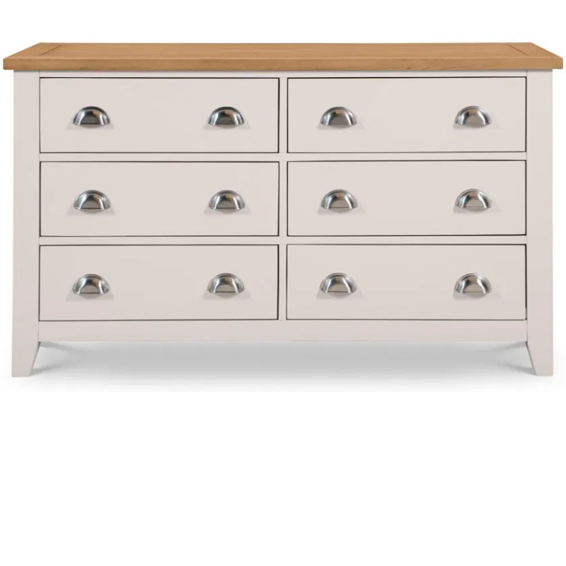Stylish 6-drawer wide chest with spacious storage, finished in elegant grey with a solid oak top. A timeless design that blends durability and sophistication for any bedroom.