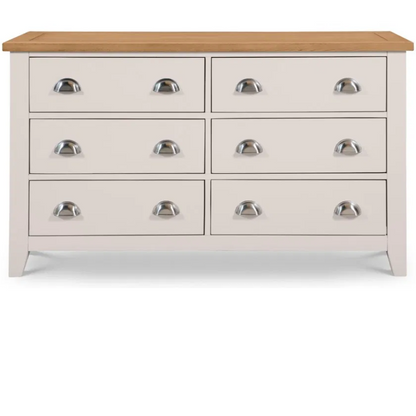 Stylish 6-drawer wide chest with spacious storage, finished in elegant grey with a solid oak top. A timeless design that blends durability and sophistication for any bedroom.