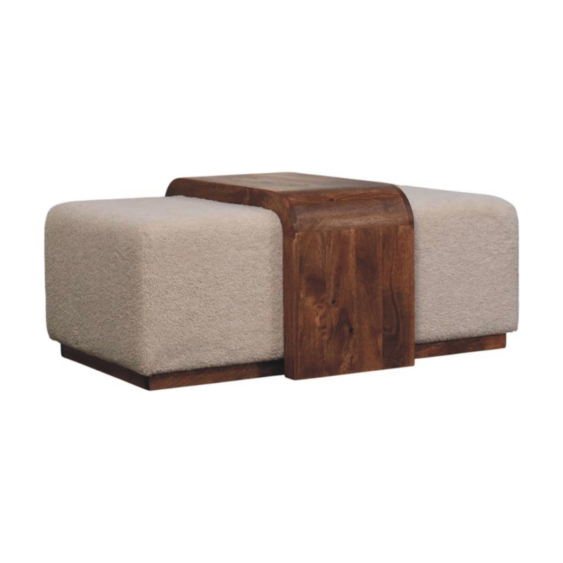 Elevate your interior with the Arden Bench Duo, a beautifully crafted statement bench combining solid mango wood with soft bouclé upholstery. Designed for modern homes, this sculptural piece blends comfort, practicality, and refined luxury in one elegant design.

Featuring two plush upholstered seats and a built-in central table, the Arden Bench Duo offers a stylish solution for hallways, living rooms, bedrooms, and contemporary spaces.