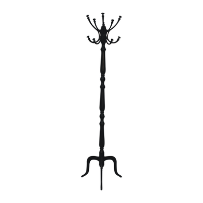 Black coat rack with multiple hooks on a white background
