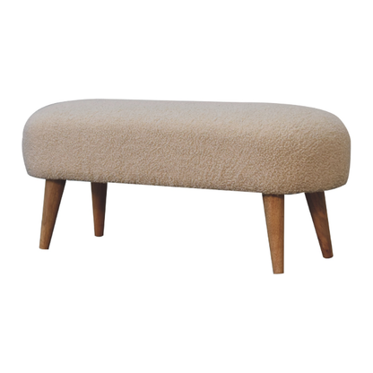 Derived from the French word for ‘curled’ or ‘ringed’ yarn or fabric. This handwoven upholstered furniture piece is made of 100% cotton and natural yarn. This bench combines nordic style legs which are constructed from 100% solid mango wood and a soft cushioned top. The perfect piece for the hallway.