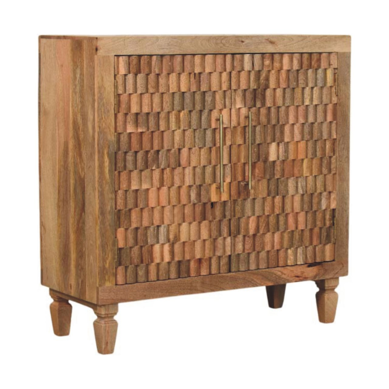 The Cadiz Carved Block Cabinet celebrates traditional carving techniques through its beautifully textured geometric front, handcrafted from 100% solid mango wood. The sculptural surface creates a dynamic interplay of light and shadow, enhancing the cabinet’s architectural presence. Finished in a warm Golden Teak tone, the natural grain variations bring depth and character to the carved design. Elevated on subtly tapered legs, this cabinet combines practical concealed storage with timeless elegance, making i