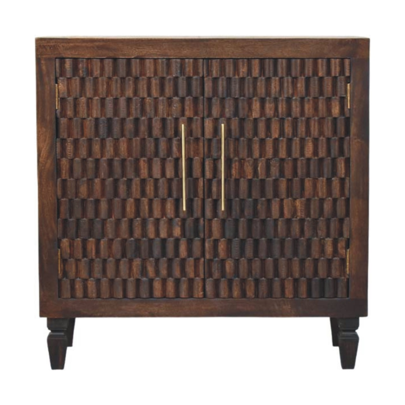 Wooden cabinet with a textured surface and gold handles on a white background