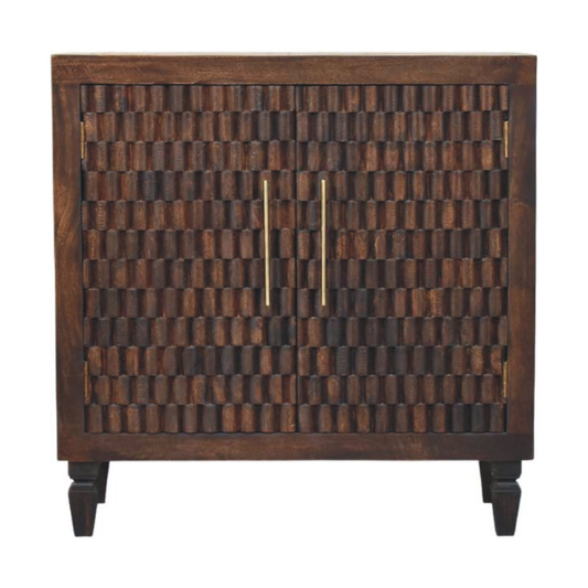 Wooden cabinet with a textured surface and gold handles on a white background