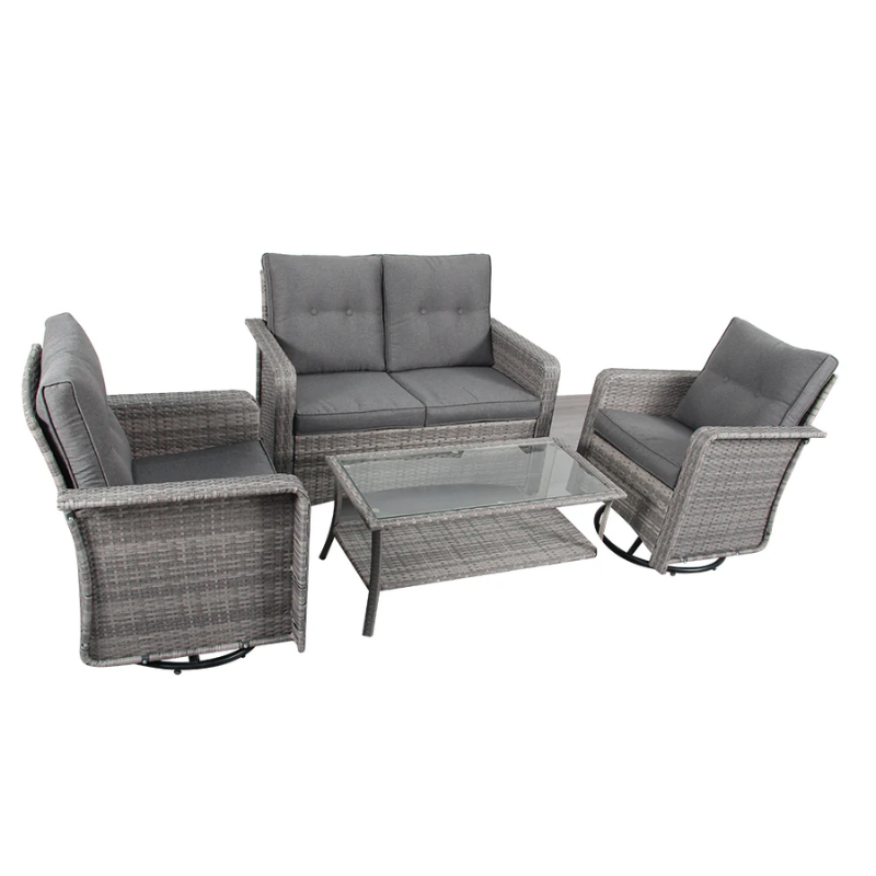 Gray outdoor furniture set with sofa, chairs, and glass table on a white background