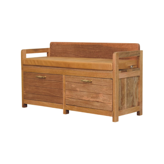  Oxford Storage Bench, a perfect fusion of style and functionality. Crafted from 100% solid mango wood with a natural oak-ish finish, this bench features a comfortable buffalo hide leather cushioned seat in a warm tan tone