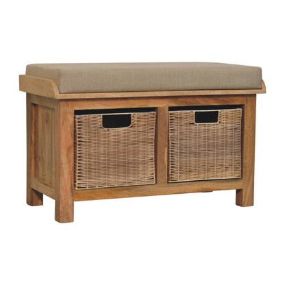 This beauty has been constructed from 100% solid mango wood in an oak-ish finish, it has a soft and comfy linen seat pad and 2 rattan baskets that are removable, perfect for storing any bits and pieces you want to be kept out of sight. A lovely neat addition to your hallway.