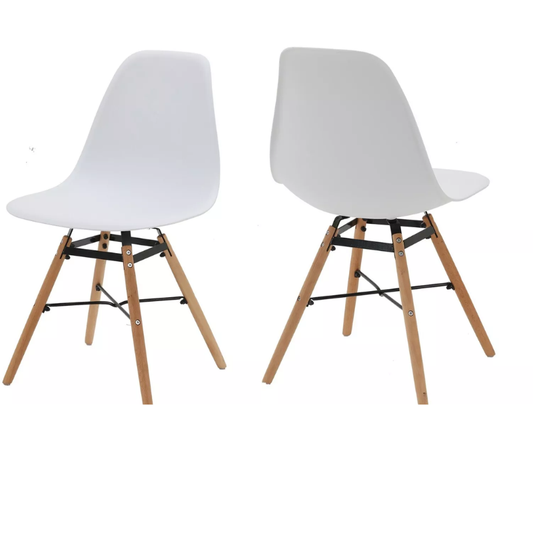 Two white chairs with wooden legs on a white background