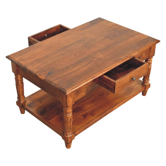 Wooden coffee table with storage drawers on a white background