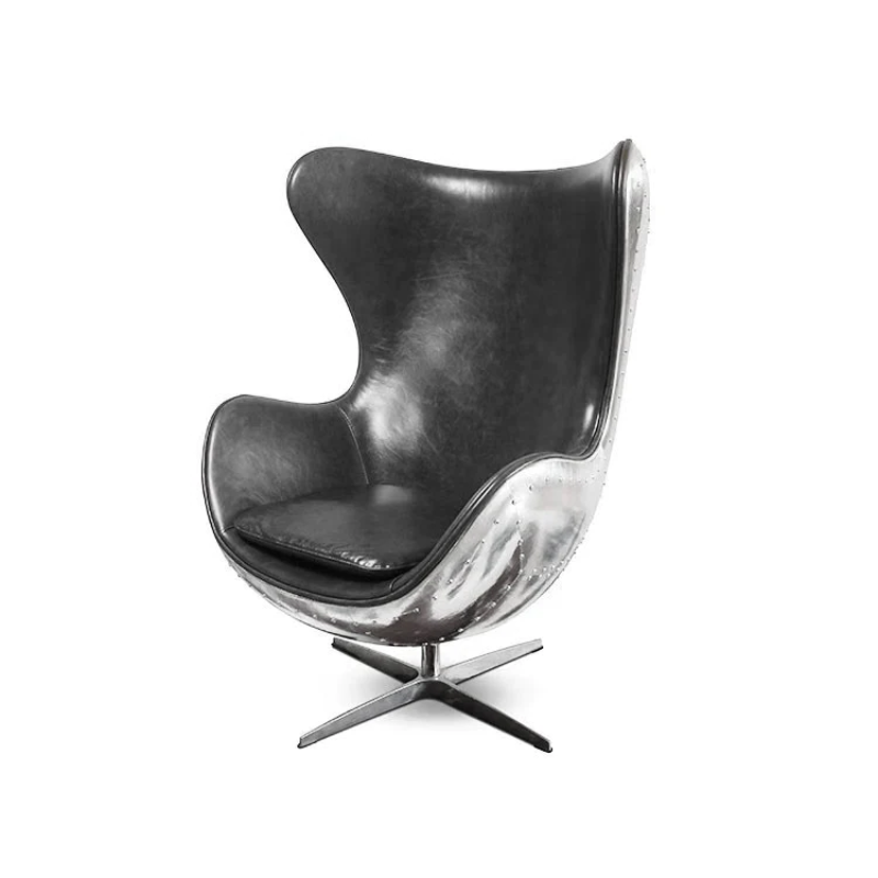 The Aviator Egg Chair in Black/Brown Real Leather and Aluminum is a stunning piece of furniture meticulously handcrafted to exude timeless elegance and exceptional comfort.