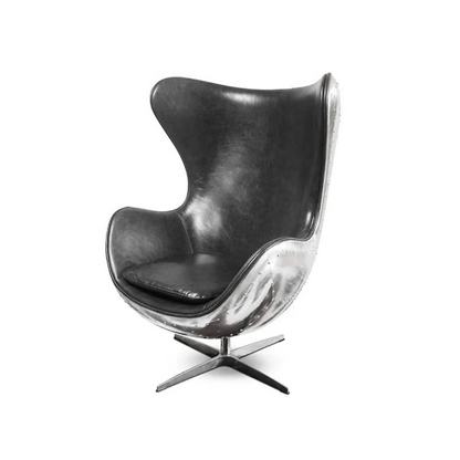The Aviator Egg Chair in Black/Brown Real Leather and Aluminum is a stunning piece of furniture meticulously handcrafted to exude timeless elegance and exceptional comfort.