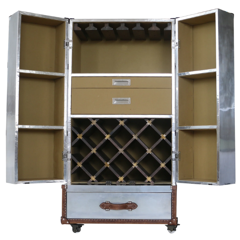 The Aviator Wine Cabinet is an exquisite and unique furniture piece that captures attention with its rare and captivating design. Meticulously crafted and fully assembled, this cabinet is ready to be showcased as the centerpiece of any space.