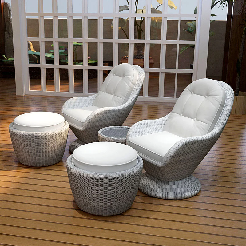 Introducing a set of two outdoor lounge chairs and footstools, designed to enhance your outdoor relaxation experience. These stylish and comfortable pieces are perfect for enjoying the fresh air and soaking up the sun in your garden, patio, or poolside.