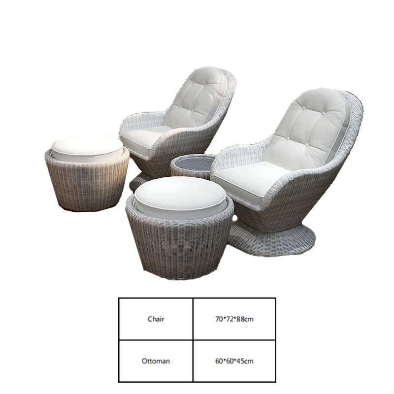 Introducing a set of two outdoor lounge chairs and footstools, designed to enhance your outdoor relaxation experience. These stylish and comfortable pieces are perfect for enjoying the fresh air and soaking up the sun in your garden, patio, or poolside.