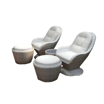 Introducing a set of two outdoor lounge chairs and footstools, designed to enhance your outdoor relaxation experience. These stylish and comfortable pieces are perfect for enjoying the fresh air and soaking up the sun in your garden, patio, or poolside.