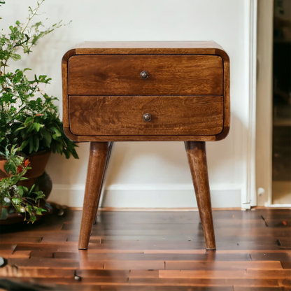 Nordic Style-Curved Chestnut Bedside-2 Drawers-100% Solid Mango Wood