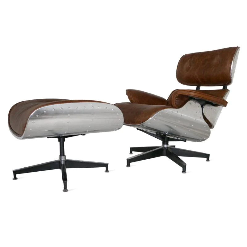 Aviator Lounge Chair & Free Ottoman - Full Real Leather Armchair - HOMEBELLA