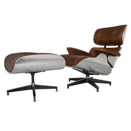 Aviator Lounge Chair & Free Ottoman - Full Real Leather Armchair - HOMEBELLA