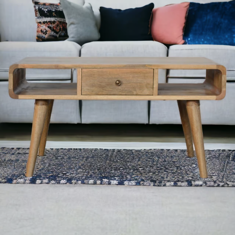 Scandinavian Style-Curved Oak-ish Coffee Table- 2 Drawers -2 Open Slots-100% Solid Mango Wood - HOMEBELLA