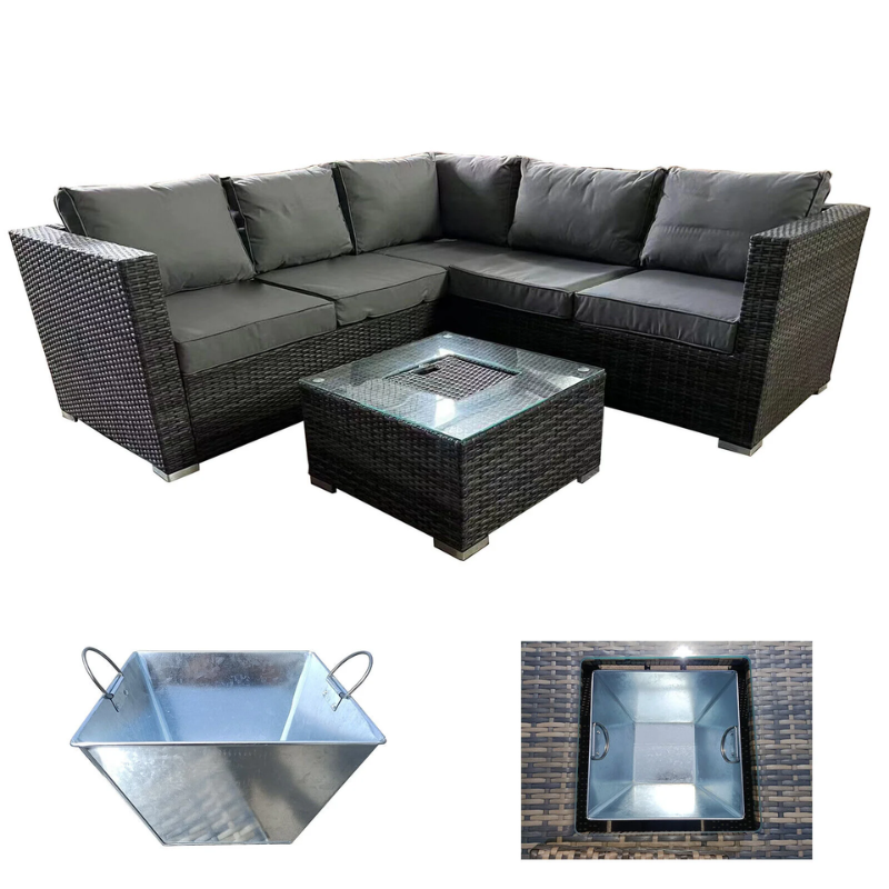 Compton Grey Rattan Garden Furniture 5 Seat Corner Sofa & Ice Bucket Coffee Table Patio Set