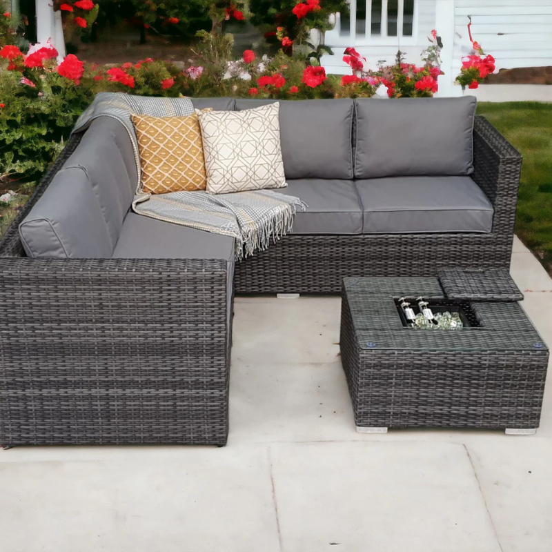 Compton Grey Rattan Garden Furniture 5 Seat Corner Sofa & Ice Bucket Coffee Table Patio Set