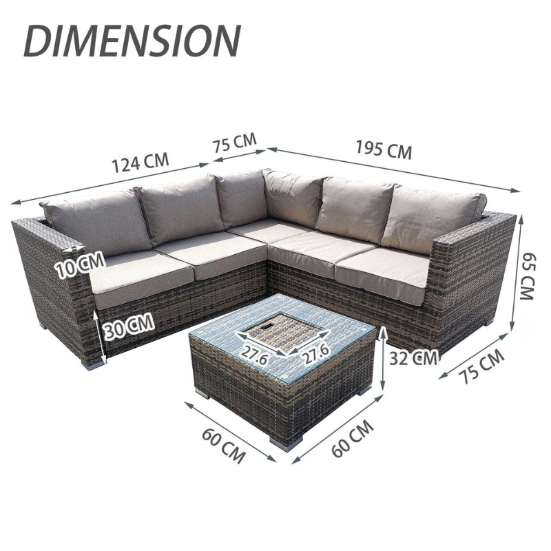 Compton Grey Rattan Garden Furniture 5 Seat Corner Sofa & Ice Bucket Coffee Table Patio Set/ Dimensions