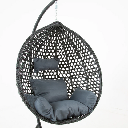 Bella Black Hanging Swing Pod Egg Chair - Large & Deep Grey Cushions