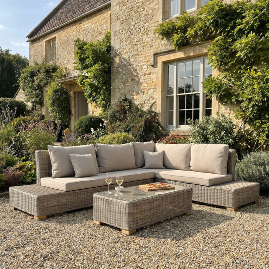 Outdoor patio set with a sectional sofa and coffee table in front of a stone building.