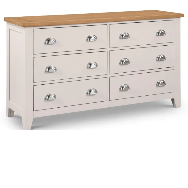 Stylish 6-drawer wide chest with spacious storage, finished in elegant grey with a solid oak top. A timeless design that blends durability and sophistication for any bedroom.
