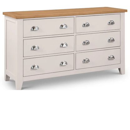 Stylish 6-drawer wide chest with spacious storage, finished in elegant grey with a solid oak top. A timeless design that blends durability and sophistication for any bedroom.