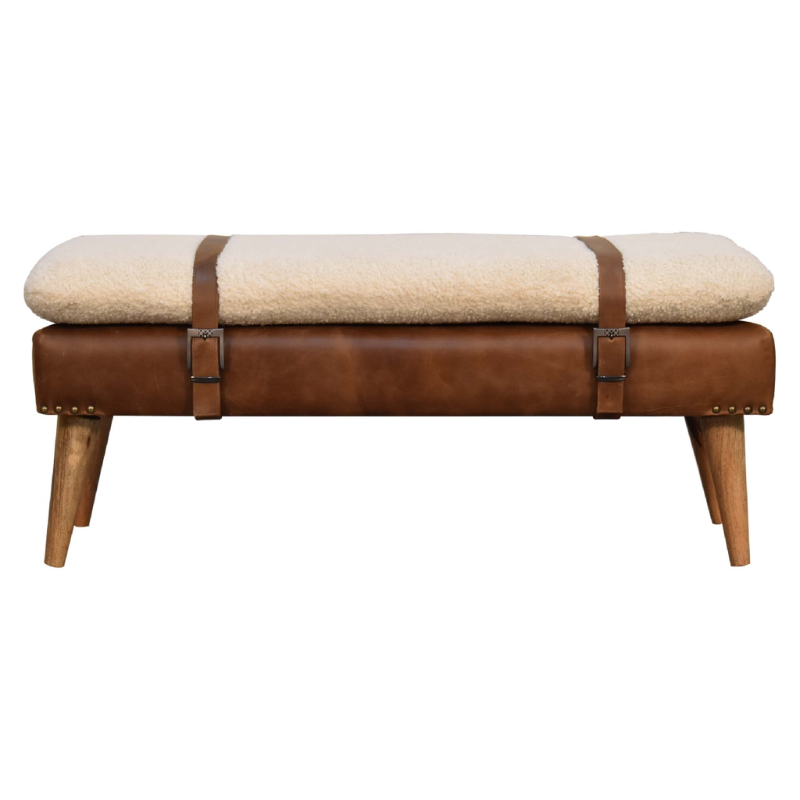 Bouclé Buffalo Hide Leather Bench - HOMEBELLA