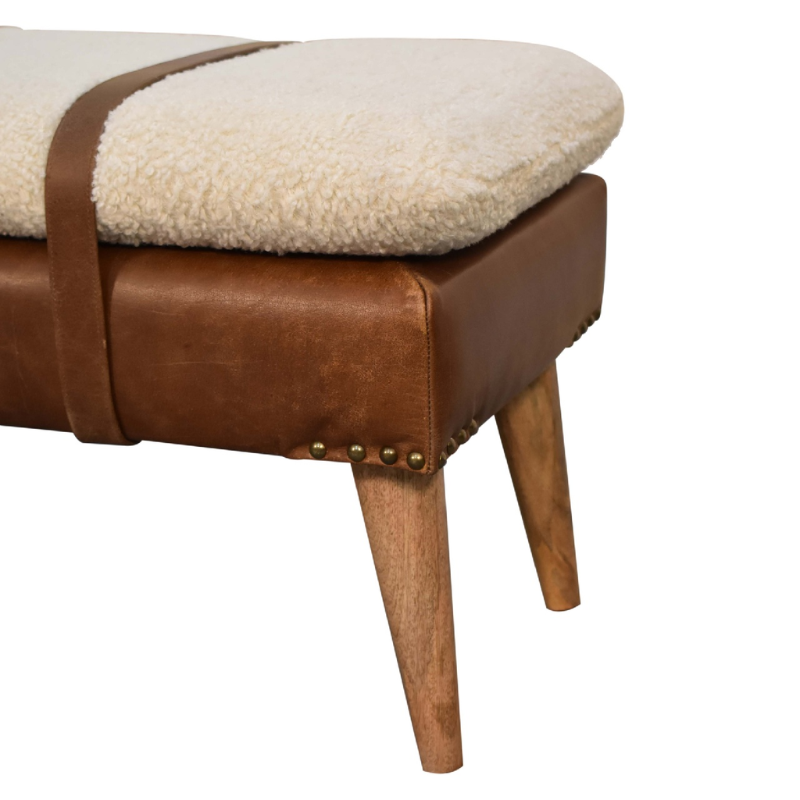 Bouclé Buffalo Hide Leather Bench - HOMEBELLA