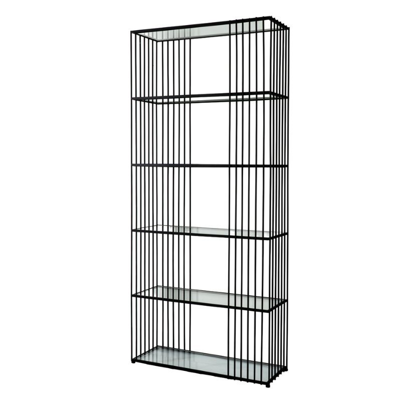 Black metal shelf with decorative items in a room with large windows