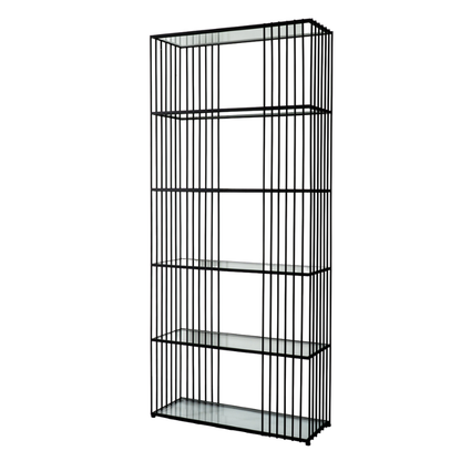 Black metal shelf with decorative items in a room with large windows