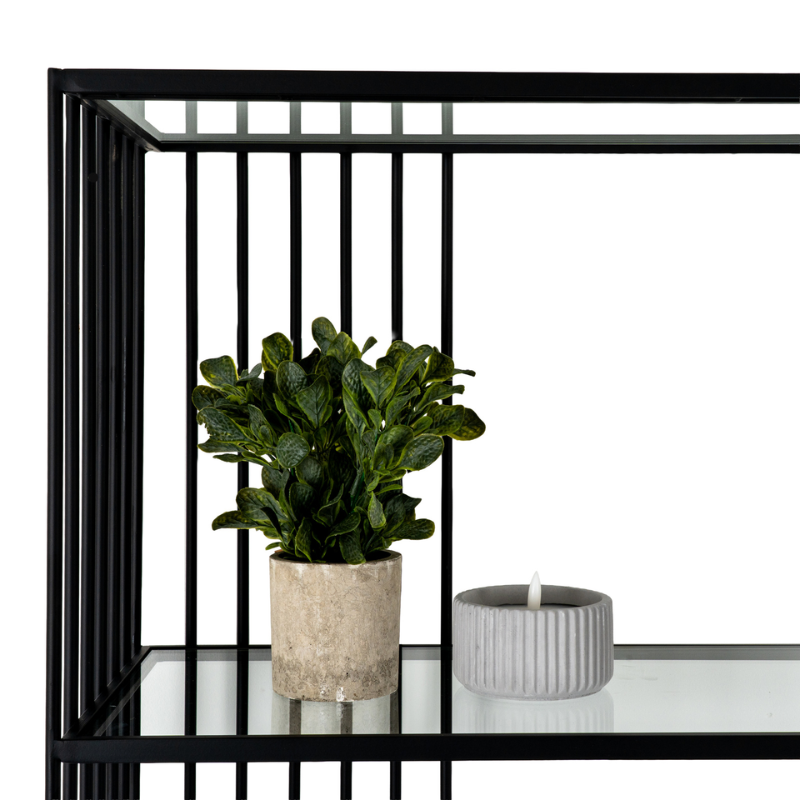 A black metal shelving unit with glass shelves, styled with a potted green plant and a gray candle on a white background.