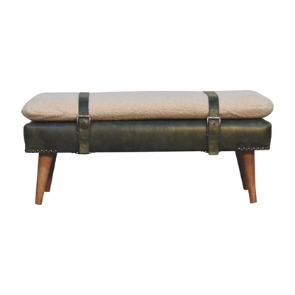 Bench with leather straps and wooden legs on a white background