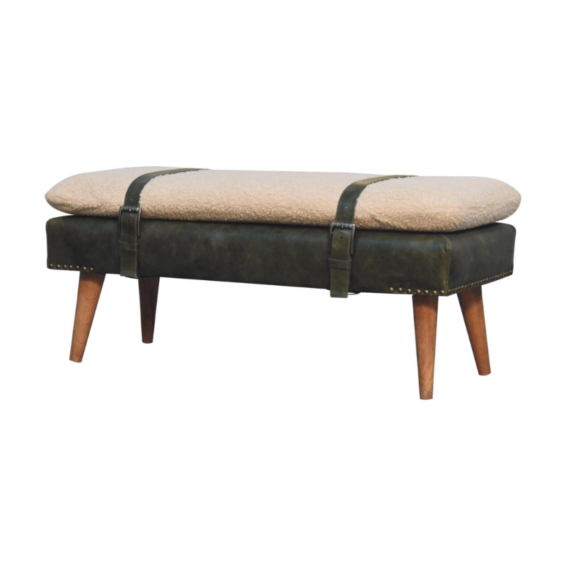 Hide Olive Green Leather Bench – Handcrafted Upholstered Seating