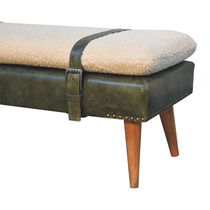 Bench with leather strap and wooden legs on a white background