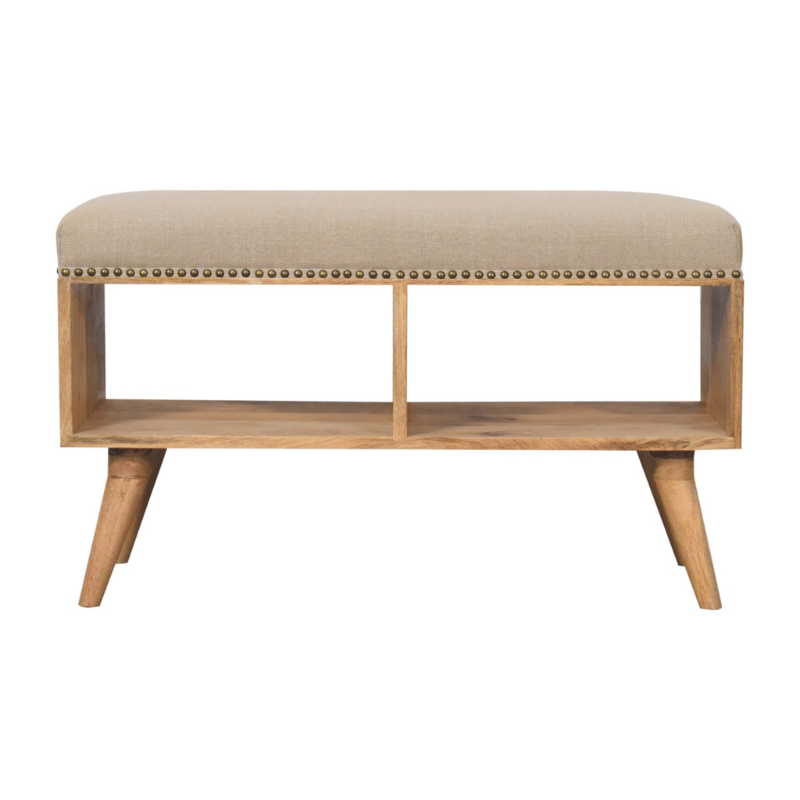 Wooden bench with beige cushioned seat on a white background