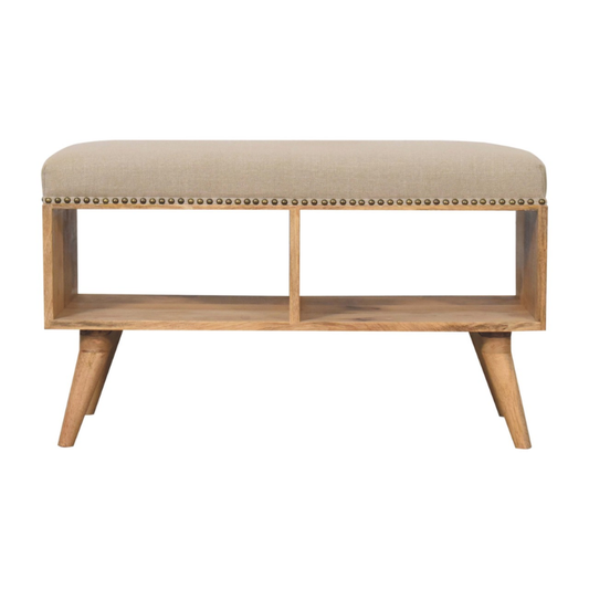 Wooden bench with beige cushioned seat on a white background