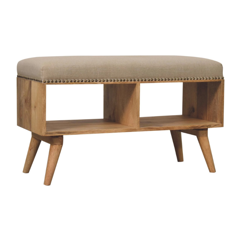 Wooden ottoman with a cushioned top on a white background