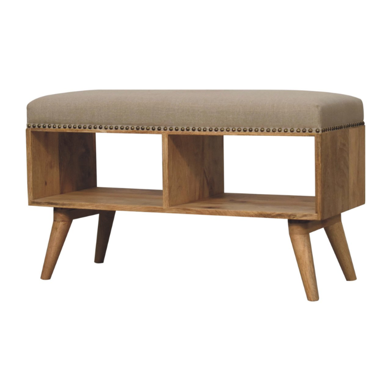 Studded Linen Bench – Solid Mango Wood & Cream Upholstery