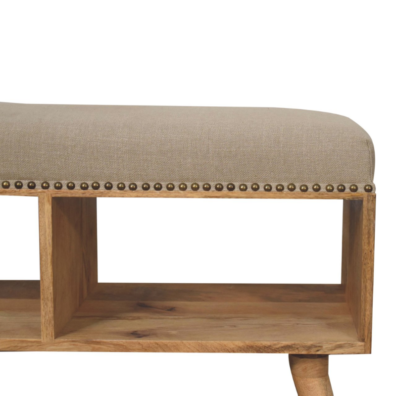 Studded Linen Bench – Solid Mango Wood & Cream Upholstery