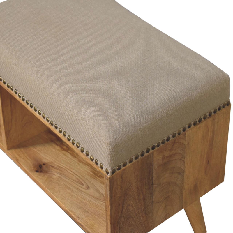 Studded Linen Bench – Solid Mango Wood & Cream Upholstery