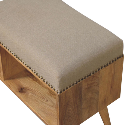 Studded Linen Bench – Solid Mango Wood & Cream Upholstery