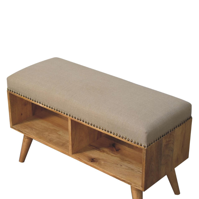 Studded Linen Bench – Solid Mango Wood & Cream Upholstery