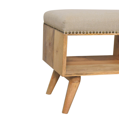 Studded Linen Bench – Solid Mango Wood & Cream Upholstery